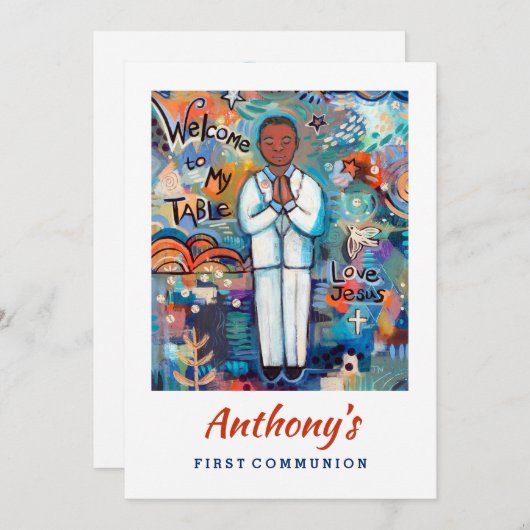 Uitnodiging voor Eerste Communie voor Zwarte Jonge (Voorkant / Achterkant)