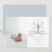 Uitnodiging voor eerste doop blauwe jongens foto (Voorkant / Achterkant)