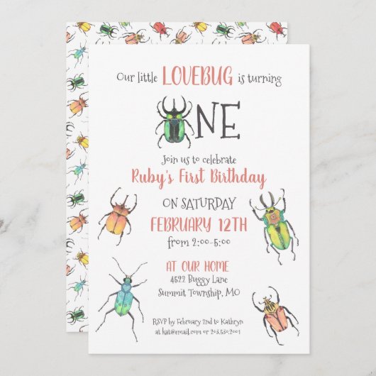 Uitnodiging voor Eerste Verjaardag Liefde Bugs (Voorkant / Achterkant)