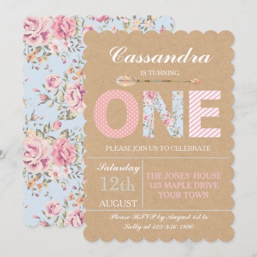 Uitnodiging voor eerste verjaardag meisje - Shabby (Voorkant / Achterkant)