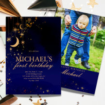 Uitnodiging voor eerste verjaardag met maan en ste