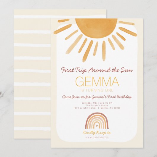 Uitnodiging voor eerste verjaardag rond de Zon (Voorkant / Achterkant)
