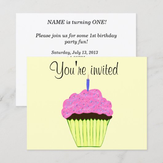 Uitnodiging voor eerste verjaardag roze cupcake aa (Voorkant / Achterkant)