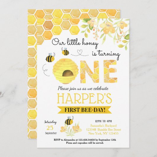 Uitnodiging voor eerste verjaardag van Bee (Voorkant / Achterkant)