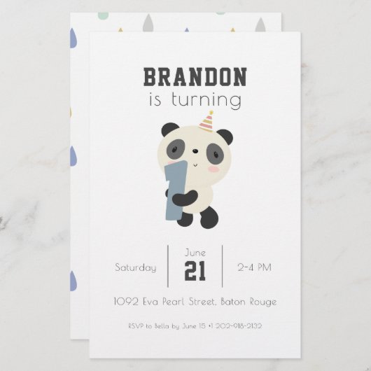  uitnodiging voor eerste verjaardag van Cute Panda Briefpapier (Voorkant / Achterkant)
