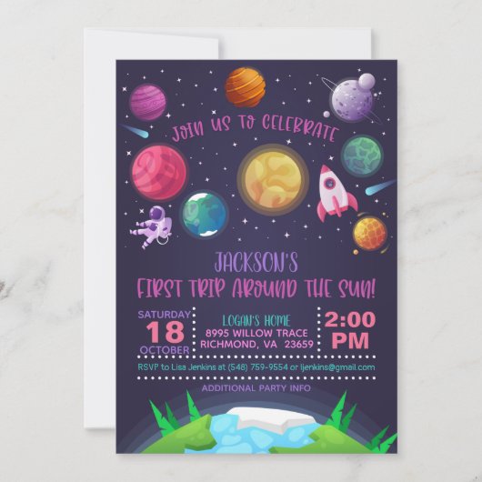 Uitnodiging voor eerste verjaardag van de ruimte - (Voorkant)