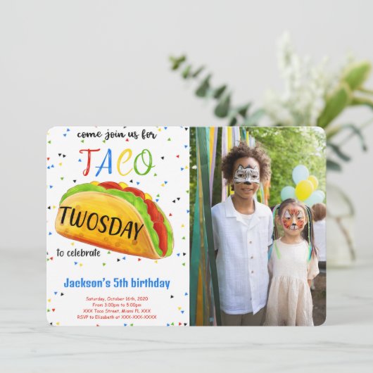 Uitnodiging voor eetbare taco-verjaardagsfoto (Staand voorkant)