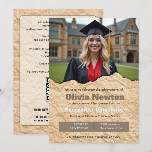 🎓Uitnodiging voor eindexamenfeest met QR-code en Kaart (Voorkant / Achterkant)