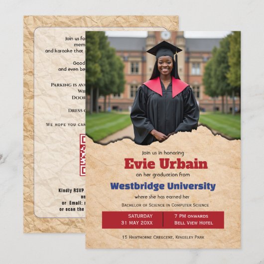🎓Uitnodiging voor eindexamenfeest met QR-code en Kaart (Voorkant / Achterkant)