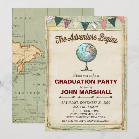 Uitnodiging voor eindexamenfeest met vintage globe (Voorkant / Achterkant)