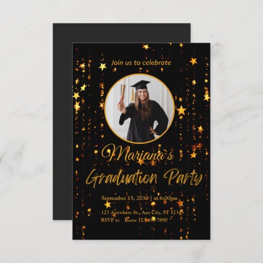 Uitnodiging voor Elegant Black and Gold Graduation (Voorkant / Achterkant)