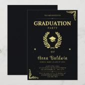 Uitnodiging voor Elegant Black and Gold Graduation (Voorkant / Achterkant)