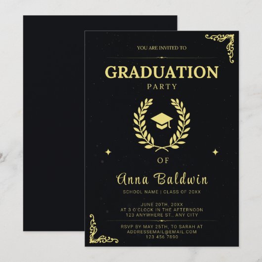 Uitnodiging voor Elegant Black and Gold Graduation (Voorkant / Achterkant)