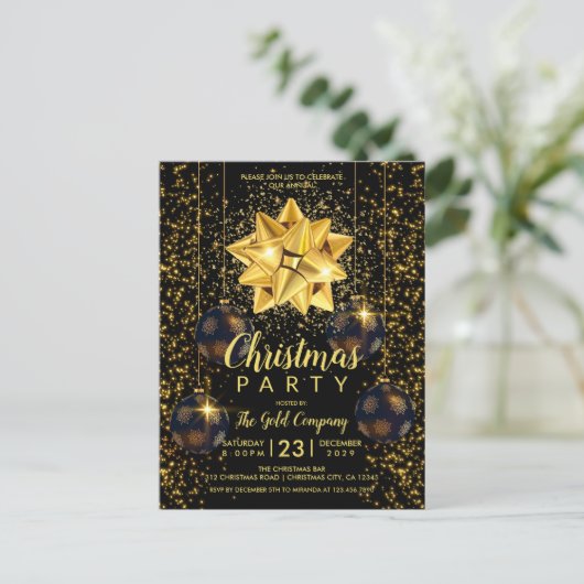 Uitnodiging voor Elegant Black Gold-kerst (Staand voorkant)