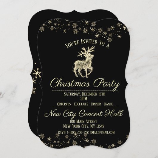 Uitnodiging voor Elegant Black & Gold Reindeer Par (Voorkant / Achterkant)