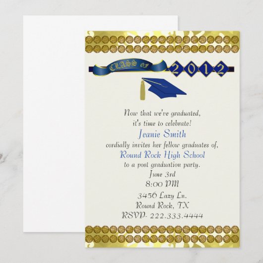 Uitnodiging voor Elegant Blue and Gold Graduation (Voorkant / Achterkant)