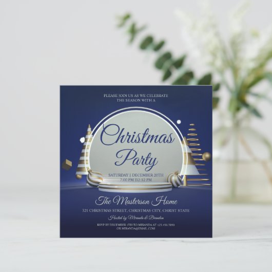 Uitnodiging voor Elegant Blue en Silver-kerstfeest (Staand voorkant)