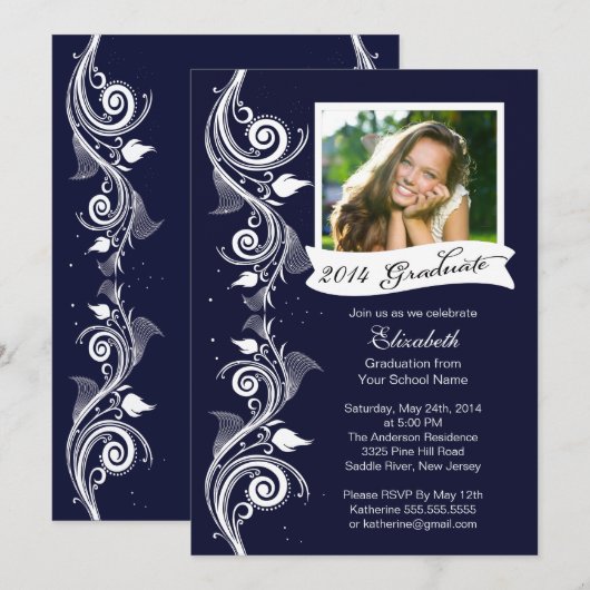 Uitnodiging voor Elegant Blue Photo Graduparty (Voorkant / Achterkant)