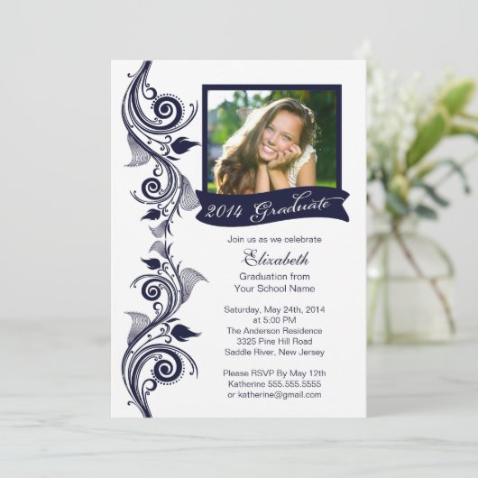 Uitnodiging voor Elegant Blue Photo Graduparty (Staand voorkant)