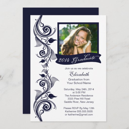 Uitnodiging voor Elegant Blue Photo Graduparty (Voorkant / Achterkant)