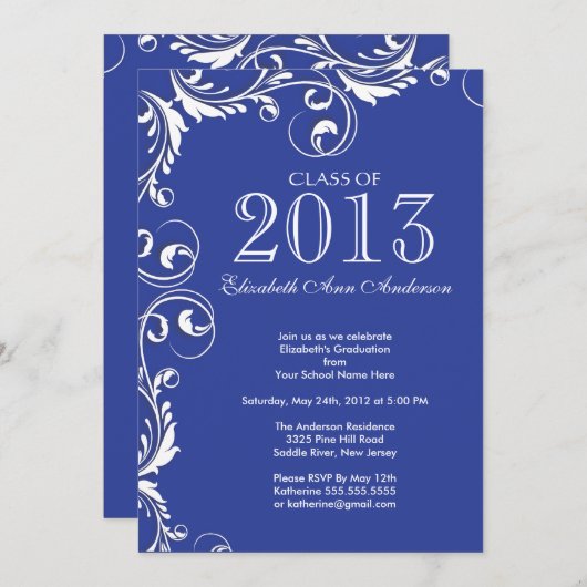 Uitnodiging voor Elegant Blue White Graduation Par (Voorkant / Achterkant)