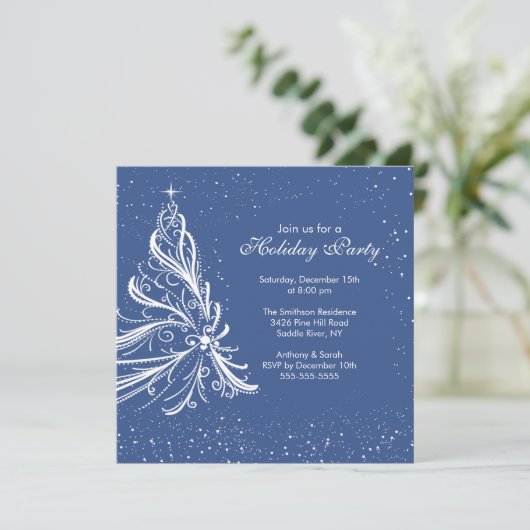 Uitnodiging voor Elegant Blue & White Holiday Part (Staand voorkant)