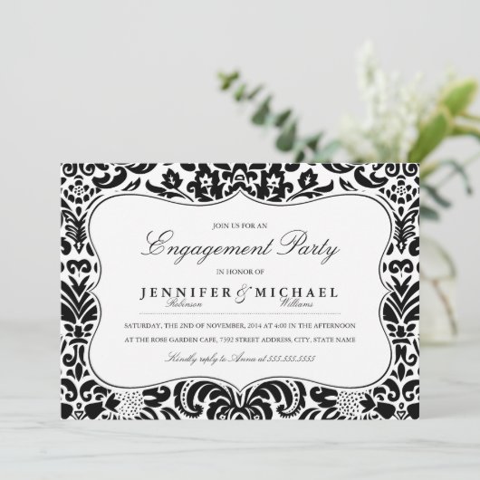 Uitnodiging voor Elegant Damask Engagement Party (Staand voorkant)