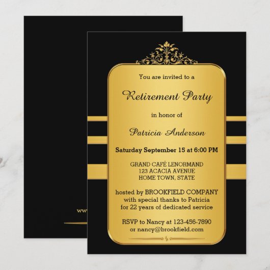Uitnodiging voor Elegant Gold & Black Retirement P (Voorkant / Achterkant)