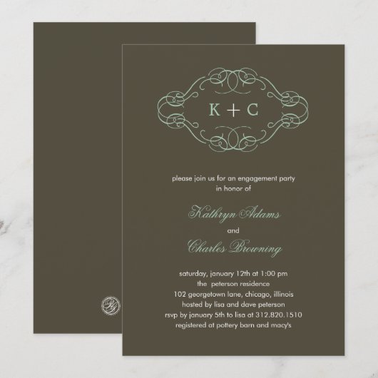 Uitnodiging voor Elegant Monogram Engagement Party (Voorkant / Achterkant)