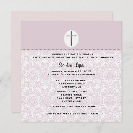 Uitnodiging voor Elegant Pink Damask (Voorkant / Achterkant)