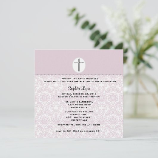 Uitnodiging voor Elegant Pink Damask (Staand voorkant)