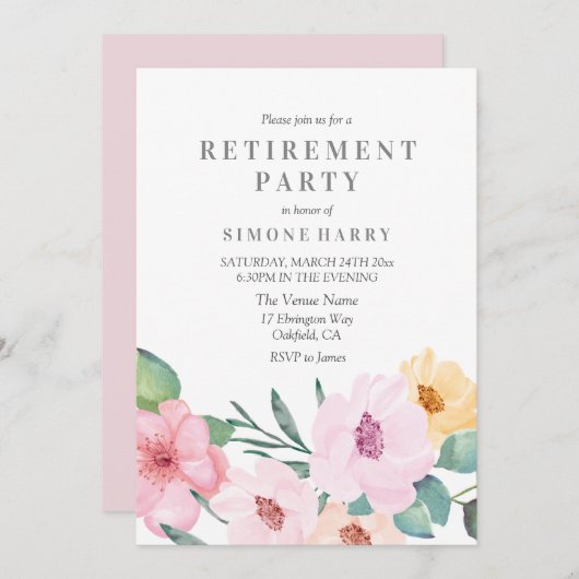 Uitnodiging voor Elegant Pink Floral Retirement Pa (Voorkant / Achterkant)