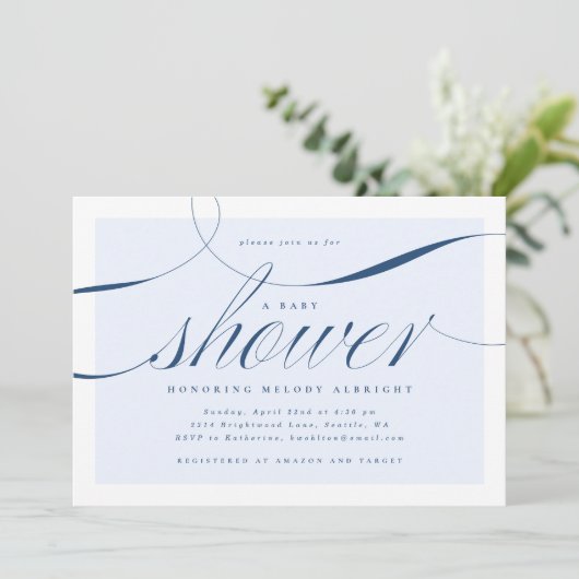 Uitnodiging voor Elegant Script Blue Baby shower (Staand voorkant)