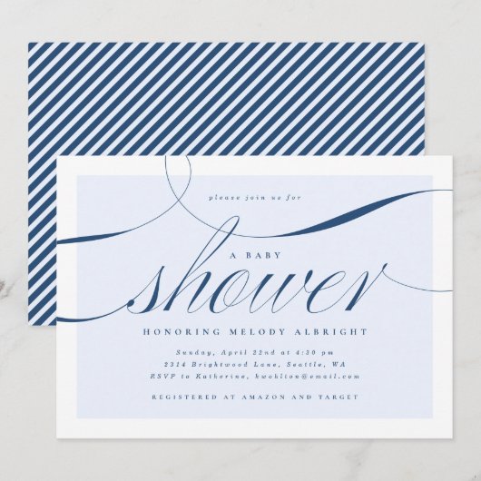 Uitnodiging voor Elegant Script Blue Baby shower (Voorkant / Achterkant)