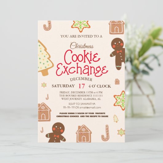 Uitnodiging voor elegant script koekjesruil kerstf (Staand voorkant)