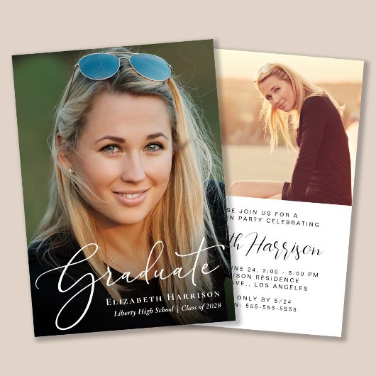 Uitnodiging voor Elegant Script Photo Graduparty