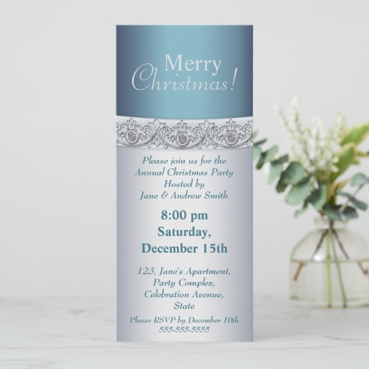 Uitnodiging voor Elegant Silver en Blauw Kerstfees (Staand voorkant)