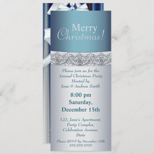 Uitnodiging voor Elegant Silver en Blauw Kerstfees (Voorkant / Achterkant)