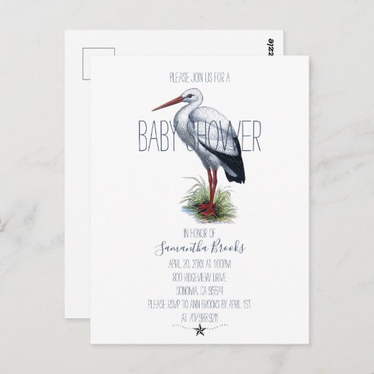 Uitnodiging voor Elegant Stork Baby shower (Voorkant / Achterkant)