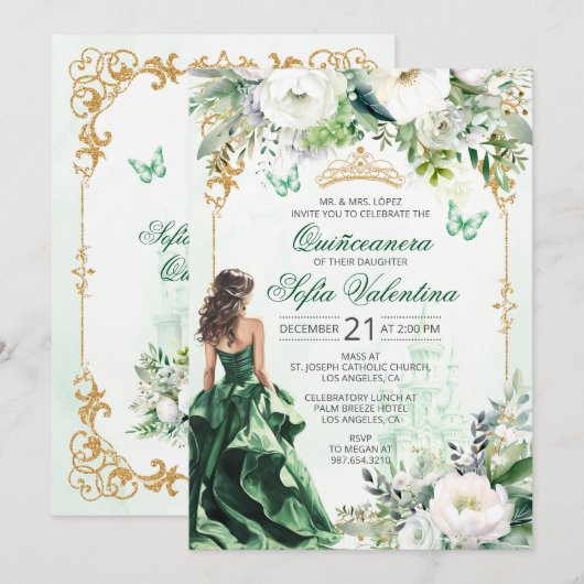 Uitnodiging voor Emerald Green Quinceañera (Voorkant / Achterkant)