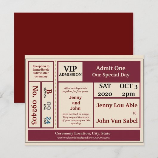 Uitnodiging voor epic Concert Ticket Wedding (Voorkant / Achterkant)