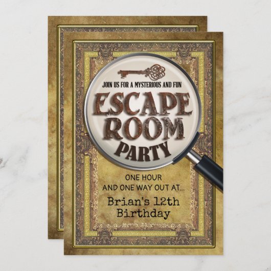 Uitnodiging voor Escape Room Feest voor en achterz (Voorkant / Achterkant)