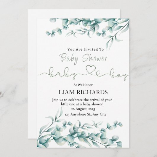 Uitnodiging voor Eucalyptus Greenery Baby shower (Voorkant / Achterkant)