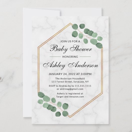 Uitnodiging voor Eucalyptus Marble Baby shower (Voorkant)