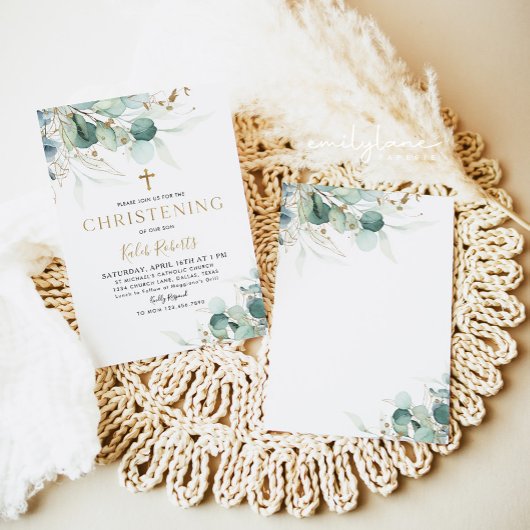 Uitnodiging voor eucalyptusblad en gouden doop