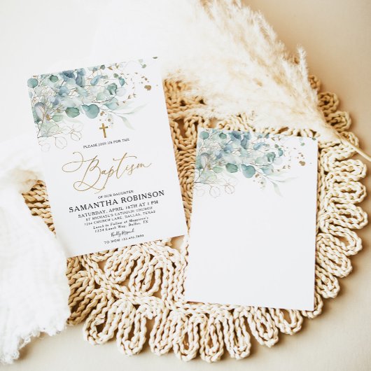 Uitnodiging voor eucalyptusblad en gouden doop