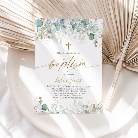 Uitnodiging voor eucalyptusblad en gouden doop
