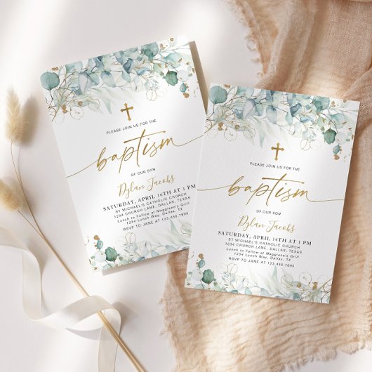 Uitnodiging voor eucalyptusblad en gouden doop