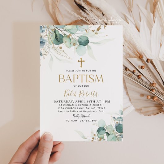 Uitnodiging voor eucalyptusblad en gouden doop