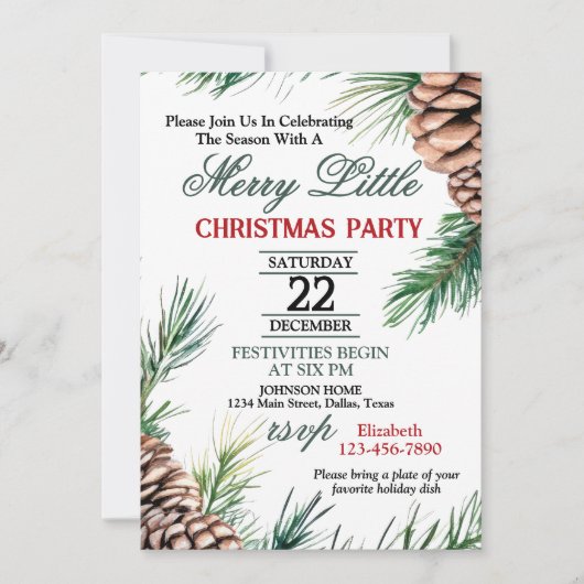 Uitnodiging voor Evergreen en Pinecone Kerstfeest (Voorkant)
